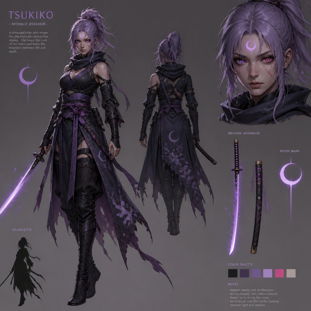 female assassin with light purple haired moon mark katana one scar purple moon eye one pink