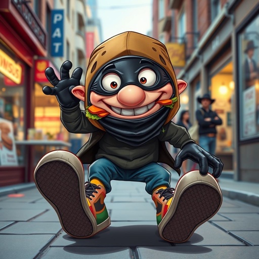 Create a funny looking clumsy thief with funny shoes on. Make him have on the bandit black thing around his eyes. And wanted for stealing sandwiches 