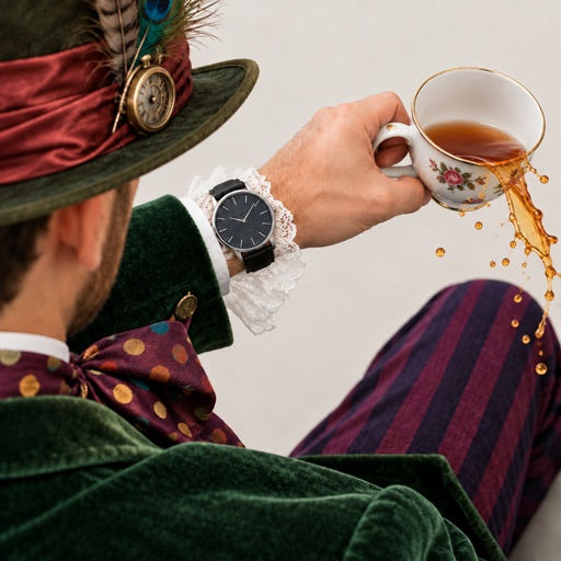 a man in a top hat holding a cup of tea