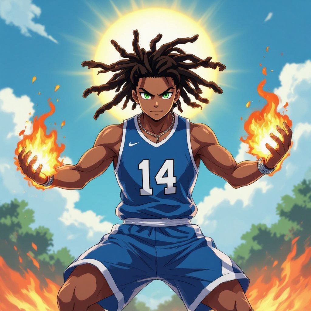 My character is a kind of muscular guy with green eyes and lighter shade skin color  12 big Dreadlocks and a blue basketball jersey with the number 14 and a chain on his neck and he is jumping high in the air with fire in his hands and the sun in the background
