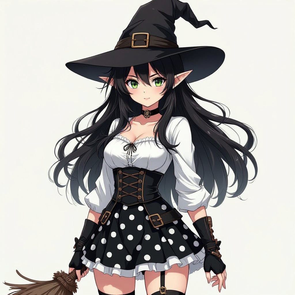 Brunette witch elf in a battle worn and damaged tight black and white polka dot mini skirt and white blouse and witches hat. The outfit had seen wear and tear