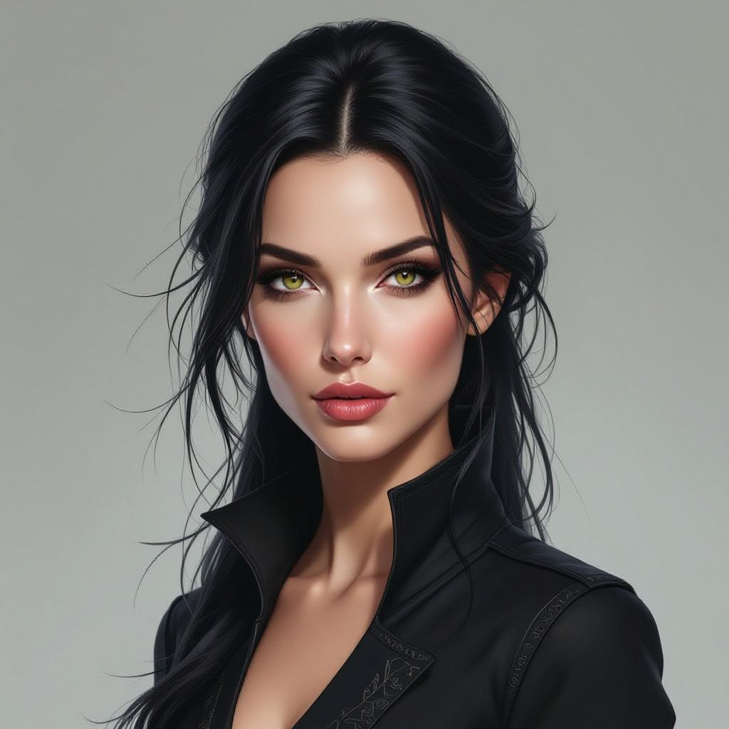 Show character head to toe. Create a mid age fantasy woman jet-black hair is cut sharpand her eyes seem to pierce through darkness. A shadowy aura clings to her form,