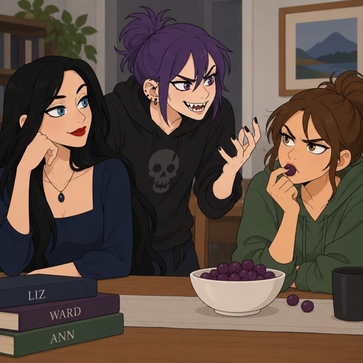 Three siblings, Female name Liz, oldest, tale, pale, beautiful, very call expression, mysterious, black hair long curtain bangs style, bright blue eyes, wearing a dark blue long turtleneck dress, high heels, eye liner,dark eye shadow,red lips, wearing jewelry, Anime style, Agent Ward male, middle child, made to be a weapon, highly skilled, emergency backup case he gets out of control, hair violet messy bun, clean shaven, night vision eyes no goggles, sharp teeth, dark power, tall, intimidating, big grin, he's used as an emergence backup weapon, Female Ann, youngest sibling, medium hight pale, tan, blue eyes, vivid purple dim hair in a messy bun her front hair is swooped down in her right side, mischievous smile, rebel/ grunge clothe style,Liz arguing with ward,ward with annoyed face arguing back Ann eating grapes while rolling her eyes with an irritated face waiting for argument to end 
