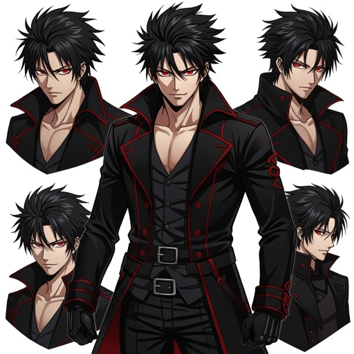 Please create a man, crimson red piercing eyes, sharp smirk, black hair in a mullet like hair style but not spiky. Strong cheekbones but not too strong. Muscles but not too strong, wears a black coat with crimson accents and black leather gloves, let us please see the entire body