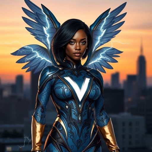 African American female superhero with shoulder length hair in a side part style and wings made of white lightning wearing a slightly homemade white blue and black suit with black pants with a stylized V as her chest emblem wearing blue flat boots made of gold standing in Philadelphia at dusk