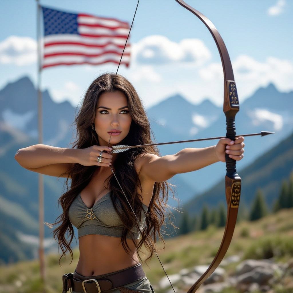 women long brown hair and brown eyes with a long bow in the mountains with the USA flag and marine flag 