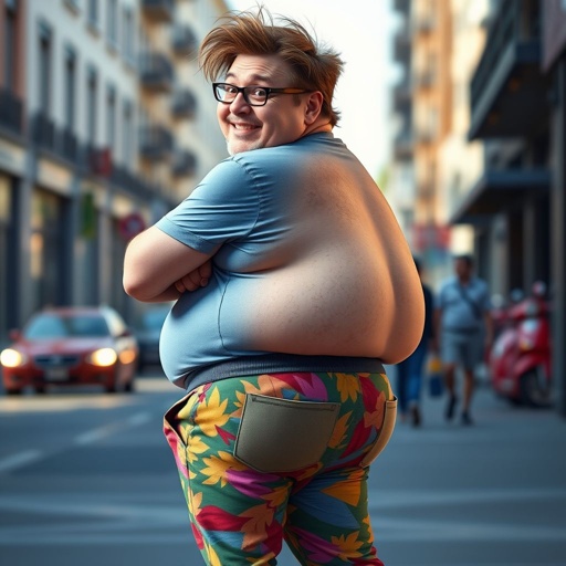 Create a funny looking man with slightly big buttock through pants called pamper butt