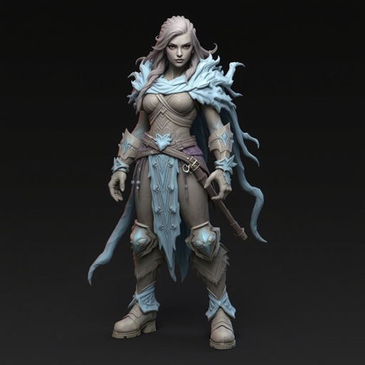 Create a battle woman hero called Alvara the Frostheart. Show full body head to toe including shoes 