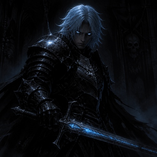 White eyes and pale blue hair he has armour on and a sword with blue accents on the blade. 