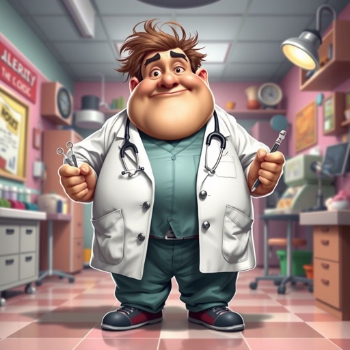 .. create a fat doctor. Who is funny human looking from head to toe. And he always immediately results to surgery for anything even small things. So please be sure to show his whole outfit head to toe. Make him have 1 tooth. Make it more adult humor instead of cartoon humor.