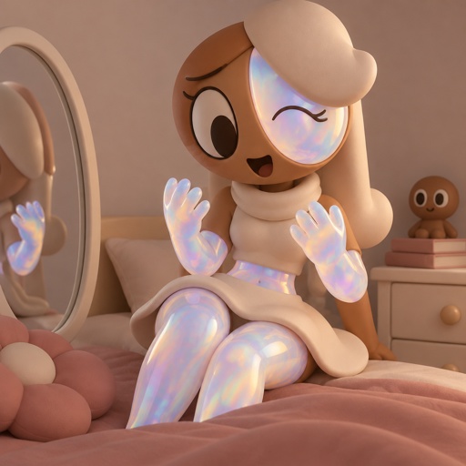 Ginger from Dandys world in her room enjoying her opalite legs and arms and face piece noticing that she also has a opalite waist 
