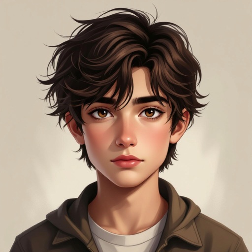 Mysterious teen boy with dark brown hair brown eyes and with a dark past