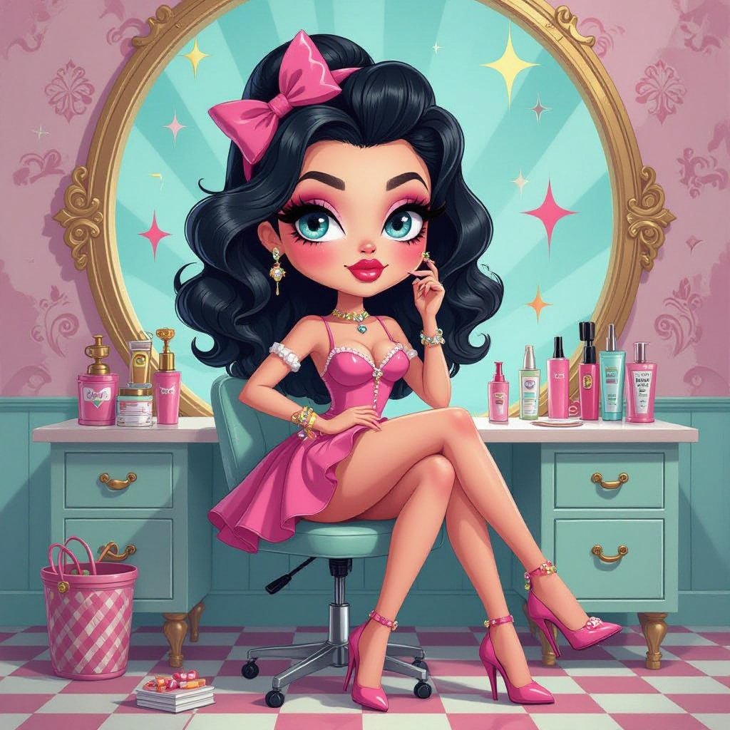 Create a business owner character showing there whole body head to toe, a lady who loves beauty products  