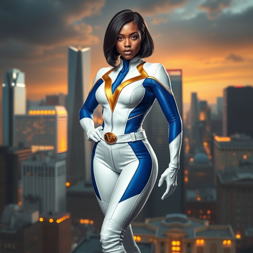 African American female superhero with hair  in a shoulder length side part hairstyle with pure Gold Glowing eyes wearing a white suit with gold and royal blue  with white pants and gold and white knee length boots with a utility belt with a gold V  as her chest emblem in Philadelphia 