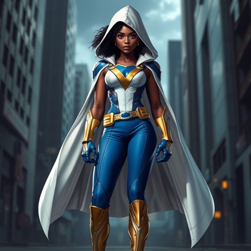 A teenage African American female superhero  wearing a white  cloak with a hood over a professionally made slightly armored white and blue suit with blue pants gold accents and a stylized V as her chest emblem a utility belt and gold boots
