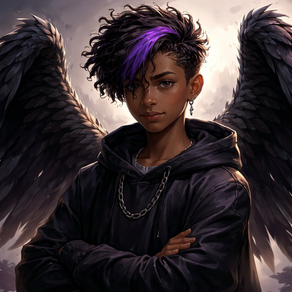 Dark skin boy with a purple streak in his hair and wings
