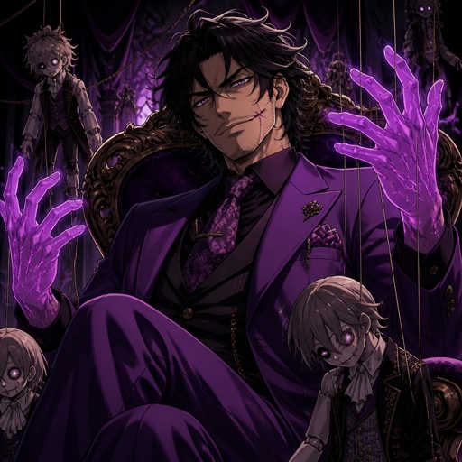 Male, black hair, 40 years old, purple suit, glowing purple hands, smirk, scar across lip, purple veins, puppeteer