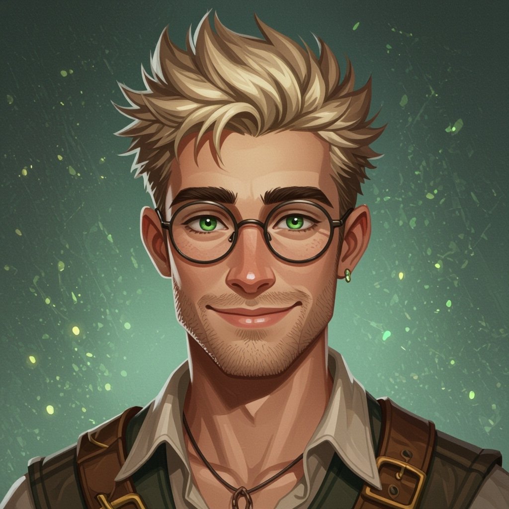 Młody chłopak. Człowiek. Włosy obcięte na jeżyka z widocznymi zakolami Włosy jasne. Krótkie włosy. Delikatny zarost. Oczy ciemnozielone. Delikatnie orli nos. Wąskie usta. Wąska szczęka. Smukła twarz. Chuda twarz. Duże okulary korekcyjne z wąskimi oprawkami. Uśmiechnięty. Ubrany w koszule. Postura lekko muskularna.