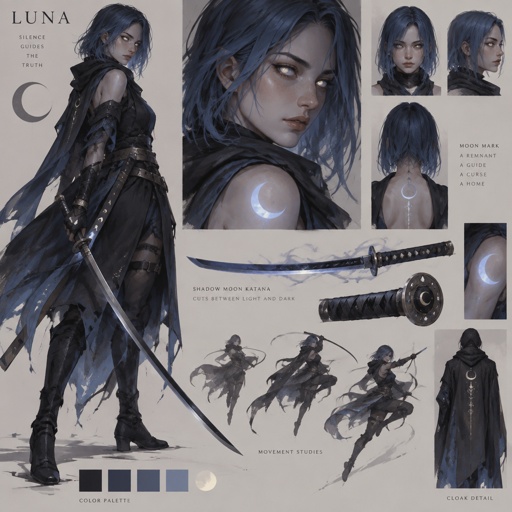 assassin name luna, moon eyes, moon mark, blue long bob, shadow moon katana