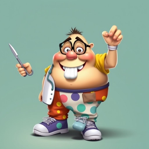 create a fat doctor. Who is funny human looking from head to toe. And he always immediately results to surgery for anything even small things. So please be sure to show his whole outfit head to toe. Make him have 1 tooth