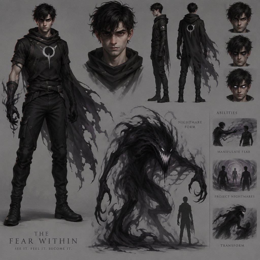 Young Male Superhero with fear manipulation, simple costume, can become a nightmare