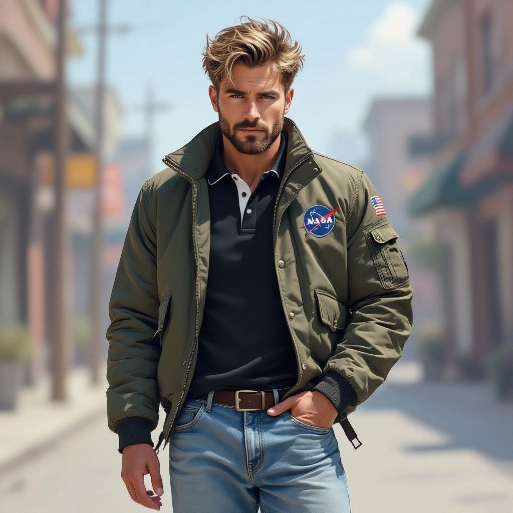 man with Dirty Blonde Unkempt Hair and Goatee.  Astronaut Flight Jacket Black And White Polo and Light blue denim jeans with red sneakers