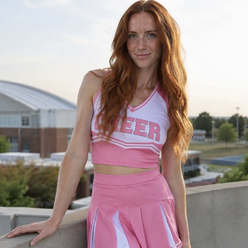 7 foot tall Ginger girl, 20s, pink and white cheerleader outfit, face covered in freckles. 