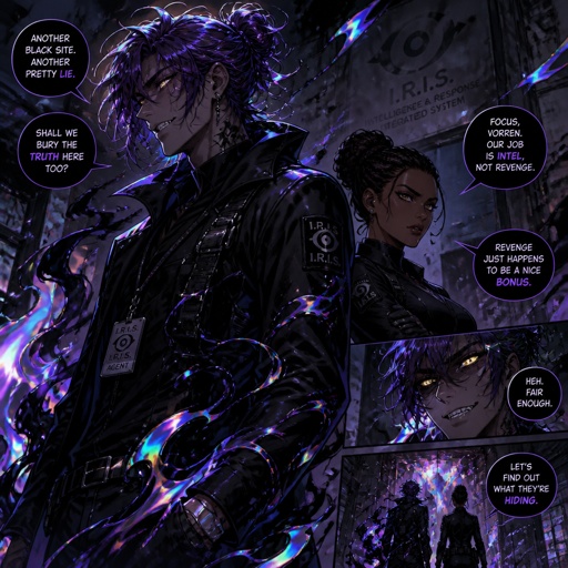 Anime style, Agent Ward a male, made in a secret lab to be best weapon and good at everything, highly skilled, be kept in check, emergency backup case he gets out of control, his hair messy bun color violet, clean shaven, yellow night vision eyes, sharp teeth, dark power energy from experiment, tired, tall, eyes sensitive to light, dangerous, intimidating, laugh like a maniac, cares about partner ruby rose she's dark skin serious plays by rules firm,them standing together ruby arguing to wards "stop being intimidating you're going to our suspect a hart attack!" Ward says "job goes faster" starts giggling, ruby warn ward " if you can't take this seriously l'll have to have you go in your room" ward sad expression says"i don't want that" ruby "ok let's do this I have somewhere to be " as a comic