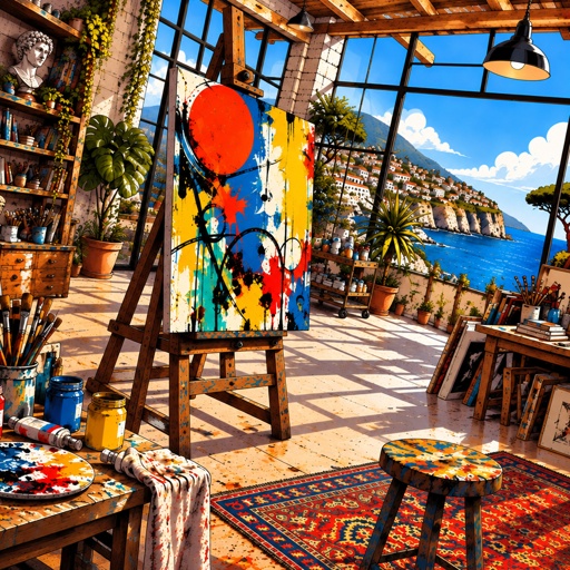 an artist's studio with a view of the ocean