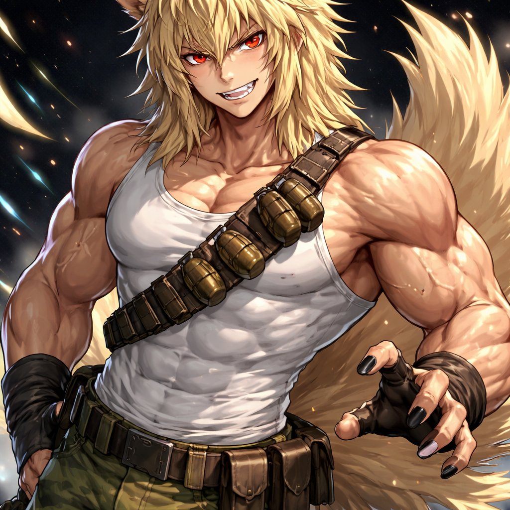 Blonde buff man with distinctive muscles in his arms and shoulders, he has shabby mid lengthen straight hair with piercing bright red wolf like eyes. He has large wolf like ears coming from the top of his head and no human ears. He has a bushy blonde wolf like tail and claws instead of fingernails. He wears a devilishly smug grin. He has a tank top and combat pants on with a cross body belt covered in grenade.