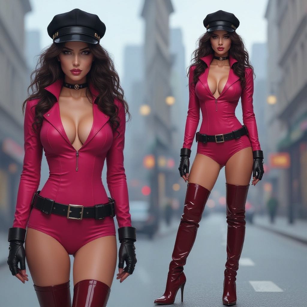 Dark Brown Frizzy Haired Spy Thief in a Tight Hot Pink full Bodysuit Dark Red Thigh High Pump Boots. Black Biker Gloves. Black and Red Newsboy Cap. Dark Red open Vest. Black Leather utility belt
