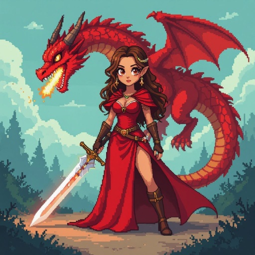 Light brown skinned queen vampire with bright brown eyes wearing red with a sword riding a fire breathing red dragon
