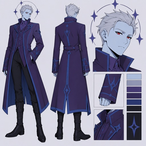 Male, short silver brushed back hair pointy, light blue skin, completely red eyes, halo of four point stars around head, purple long coat buttoned up, purple shirt and collar, shirt sleeves over palms, tall boots, black pants, blue details on clothes