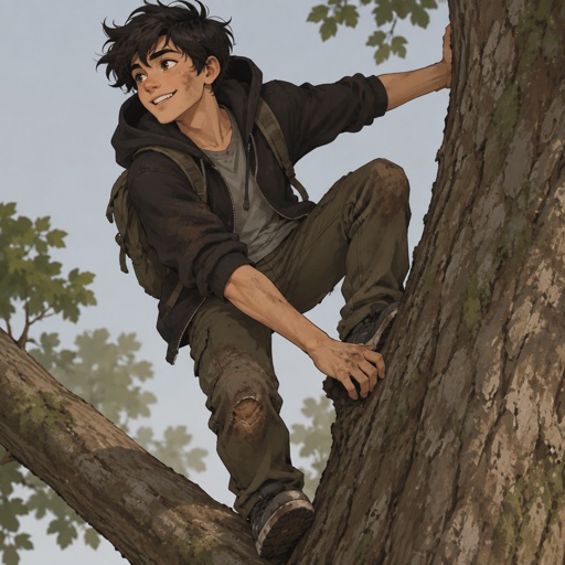 Male, teenager, black messy hair, modern clothes, hood, brown eyes, dirty, climbing tree, happy