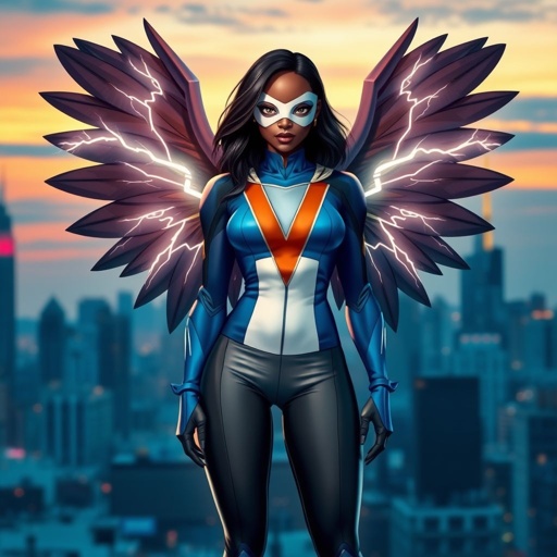 African American female superhero with shoulder length hair in a side part style and wings made of white lightning wearing a domino mask wearing a slightly homemade white blue and black suit with black pants with a stylized V as her chest emblem wearing blue flat boots made of gold standing in Philadelphia at dusk