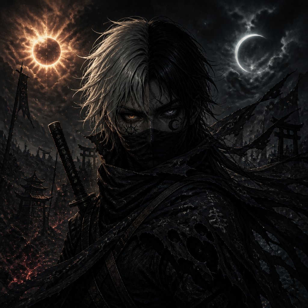 ninja with half blonde half black hair sun and moon mark next to eyes with cape