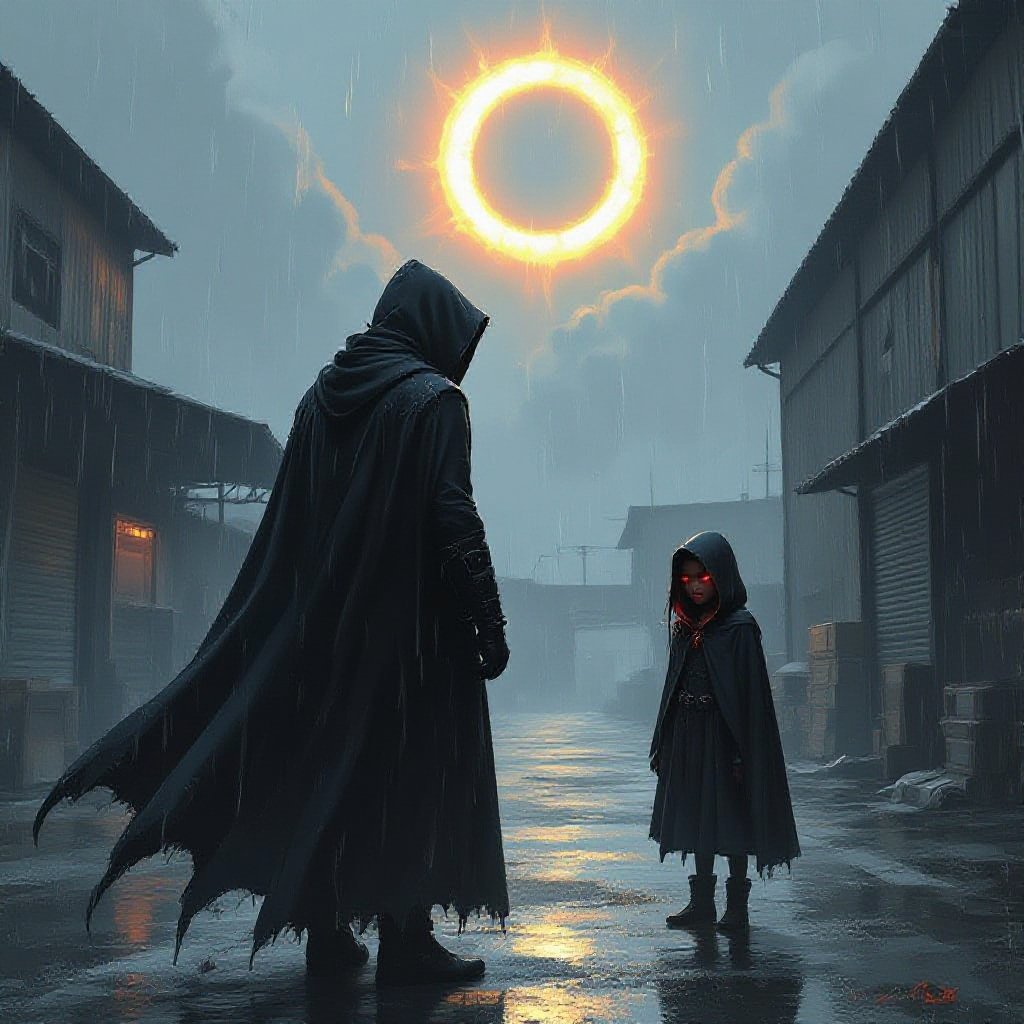 Make it be a man with a dark cloak, make it be heavy, rain weather, and make him be all the way black make it be a girl behind him with a cloak and skin all black with eyes, red and sharp teeth make it be sun ring make them be by a warehouse