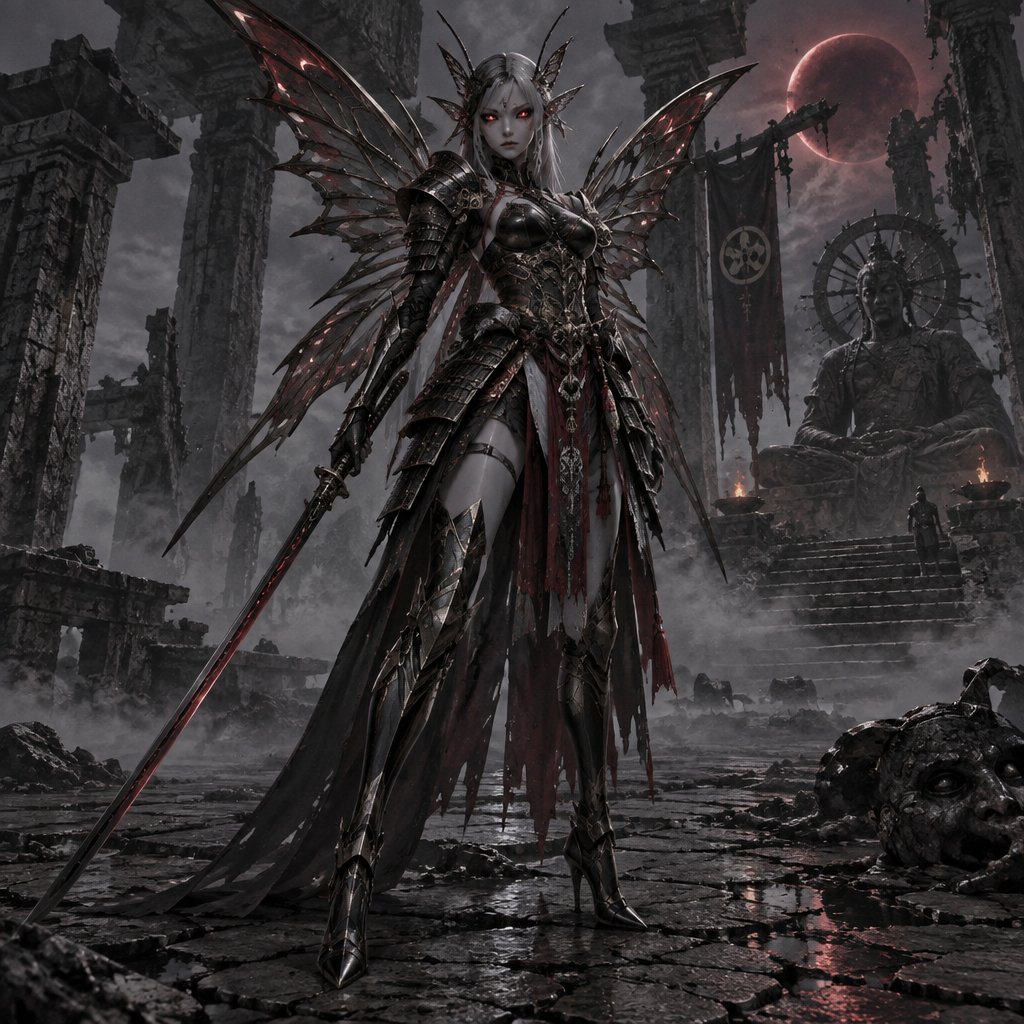 A gorgeous alien butterfly woman in a futuristic space samurai armor. Show whole body.