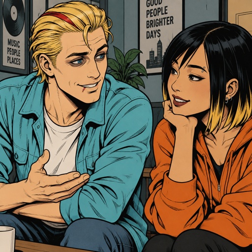 Male, blonde greased brushed back hair, curl on forehead, red streak in hair, scar on lip, blue eyes, eye bags, happy, slim, designer, cyan casual clothes, talking to an Asian female with straight black neck length hair, yellow tips, side bangs on one side, eyebrow piercing, mascara, ear piercing, orange clothes 