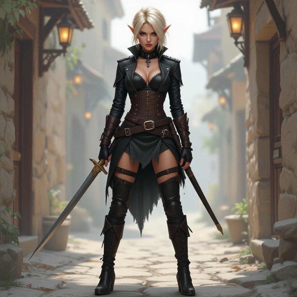 Blonde pixie cut Female High Elf Rogue Assassin in Black and Brown Shear Lace & Leathers and Skirt ripped and torn