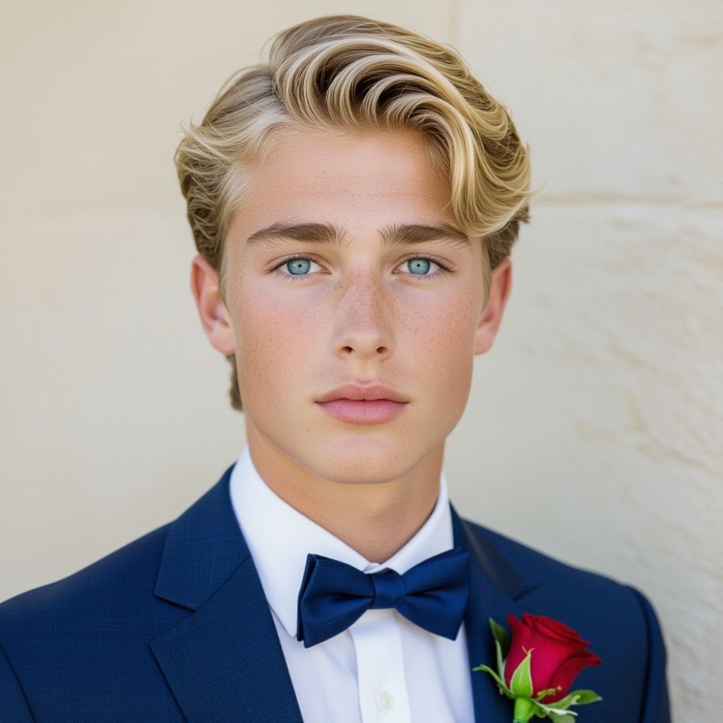 A blonde teenage prince who in a blue suit hot 