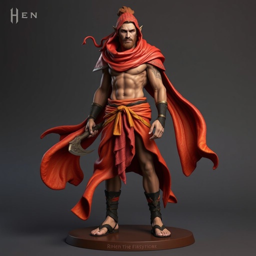 Create handsome hero Rhen the Fire – A lean, muscular man. He wears layered, flowing desert robes dyed in warm reds and golds, with scorch marks where flames have licked them. A curved blade hangs at his hip. Show whole body head to toe including her shoes.