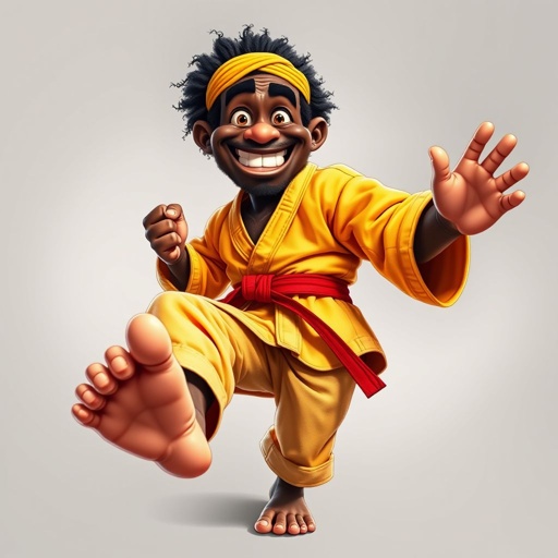 Create a character who looks like a funny African karate guy who doesn’t have a clue what he is doing. Make him have weird toes