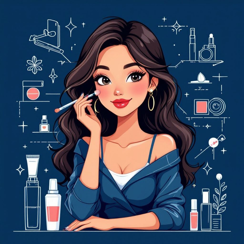 Create a character showing there whole body head to toe, a lady who loves beauty products  