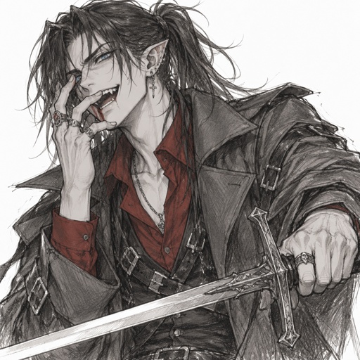 Male, Asian, black ponytail with side bangs on one side, blue eyes, trench coat, vampire, ear piercing, rings, pointy ears, sword, insane, red shirt