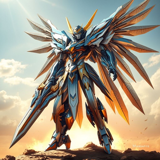 A blue white and gold feminine built mech robot with a giant sword and metal wings fighting on the surface of the sun