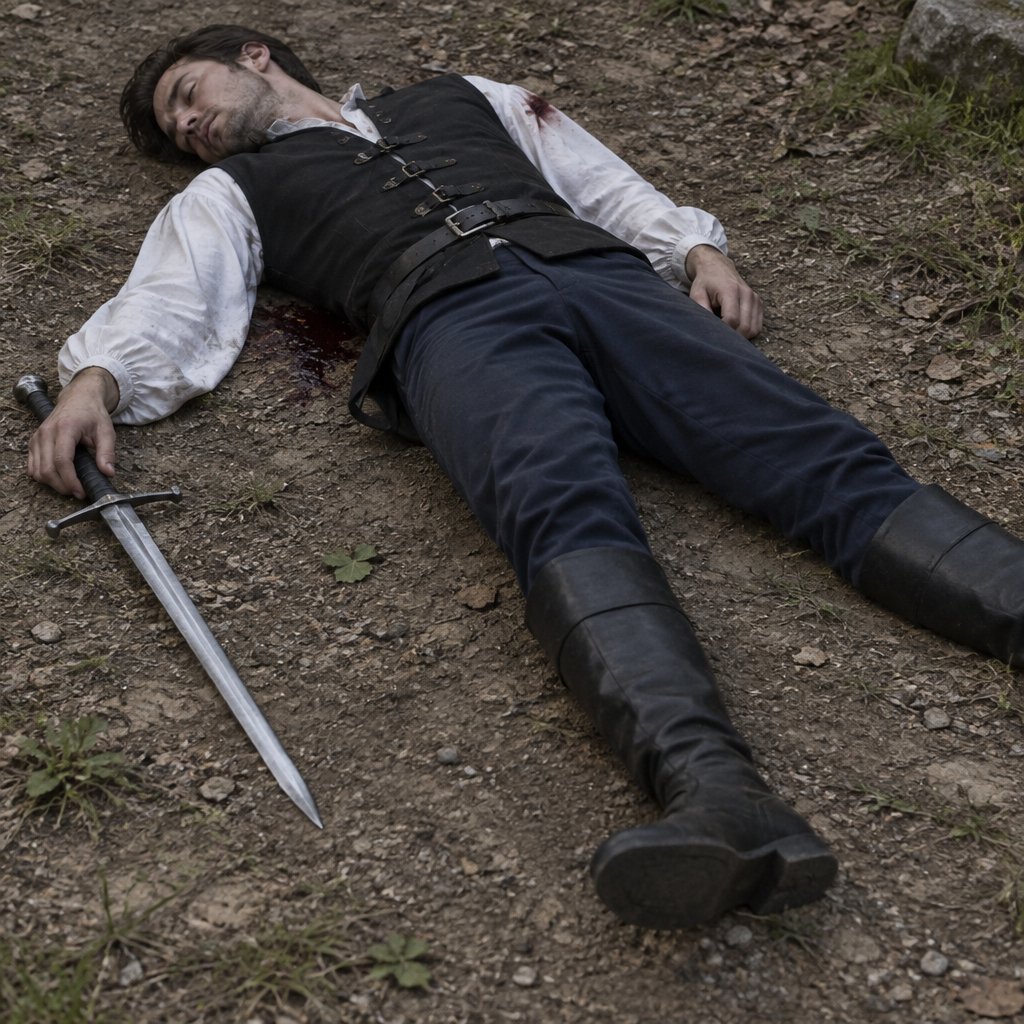 Sword Male Men White Long Sleeve Shirt Black Rider Vest Blue Pants Black Shoes Dead