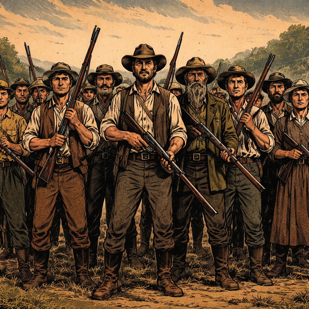 Realistic. Refined. Groups of peasants holding rifles. Very long shot. Full body No speech bubbles, no caricature
