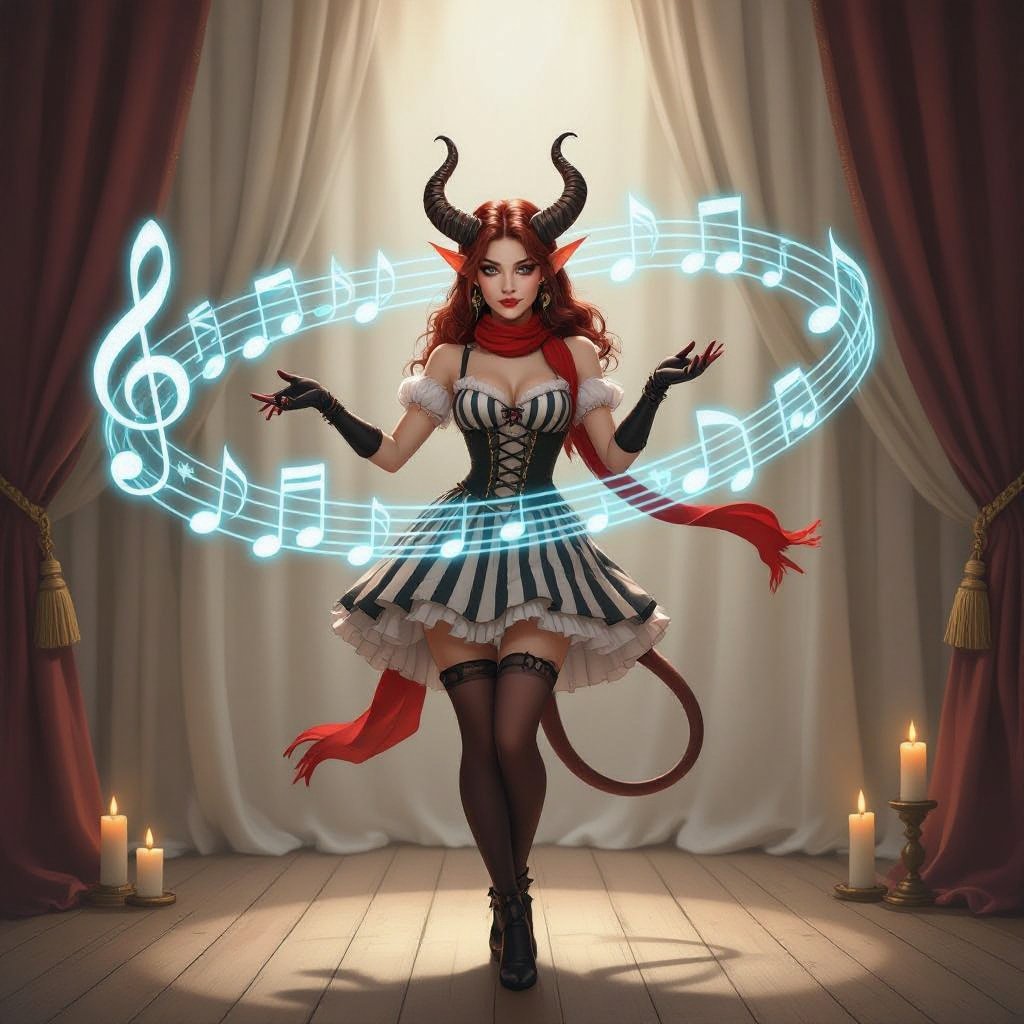 The image depicts a semi-realistic fantasy character performing on a softly lit stage. She’s a tiefling — a humanoid figure with small curved horns, pointed ears, and a slender tail tipped in dark red and black. Her skin is porcelain-pale, and her long silver-white hair flows past her shoulders beneath a black beret. She wears a whimsical mime-inspired outfit: a sleeveless black and deep-red striped dress with suspenders, matching thigh-high stockings, and long gloves in the same pattern. A bright red neck scarf provides contrast, and her makeup exaggerates her expressive features — dark eyeshadow, vertical lines beneath her eyes, and small red lips parted in mid-song or gasp. Around her, faint glowing blue musical notes spiral through the air, suggesting she’s singing or casting a magical performance. The background shows a wooden stage framed by ivory curtains and soft candlelight, giving the entire scene a theatrical, vintage cabaret atmosphere. The overall mood blends elegance, whimsy, and a hint of melancholy — as if this performer’s music carries both laughter and longing.