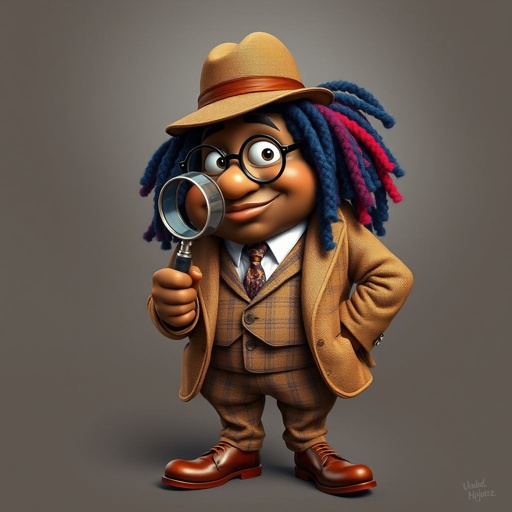 Create a funny fat character similar to Sherlock Holmes, but make him of black decent and with dread locks. Show his whole outfit including his shoes.